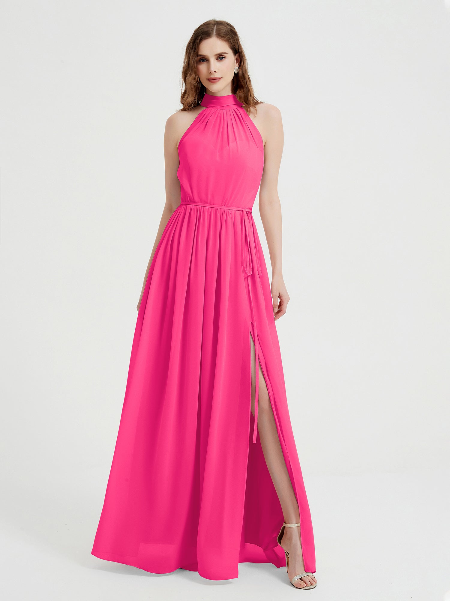 High Neck Full Length Dress with Slit Fuchsia